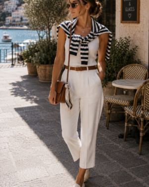 Amazon | Complete Outfit | Coastal Chic White Linen Look – Sleeveless Top, Tailored Pants, Striped Sweater & Brown Accessories