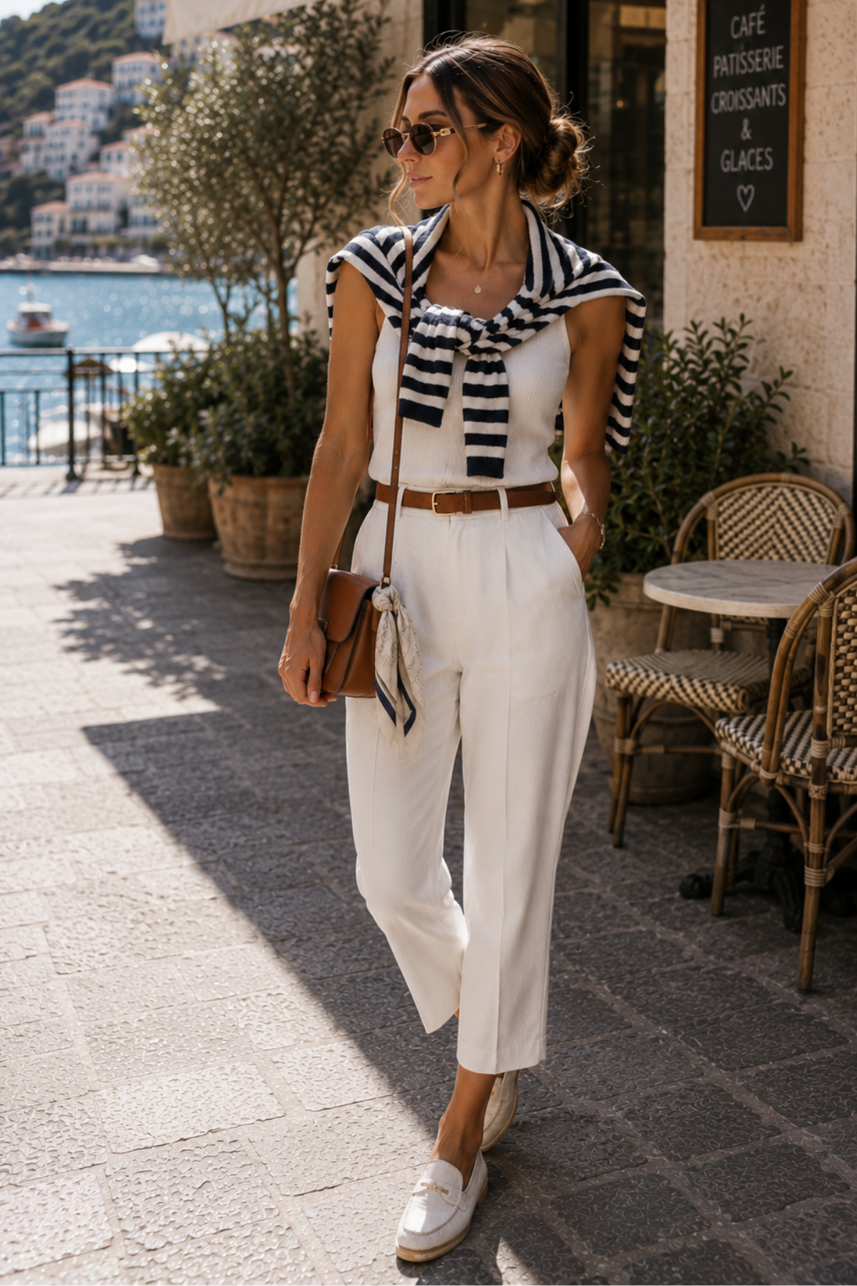 Amazon | Complete Outfit | Coastal Chic White Linen Look – Sleeveless Top, Tailored Pants, Striped Sweater & Brown Accessories