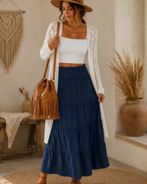 Amazon | Complete Outfit | Women's Boho Summer Look – White Crop Tank, Navy Maxi Skirt, Cardigan & Brown Accessories