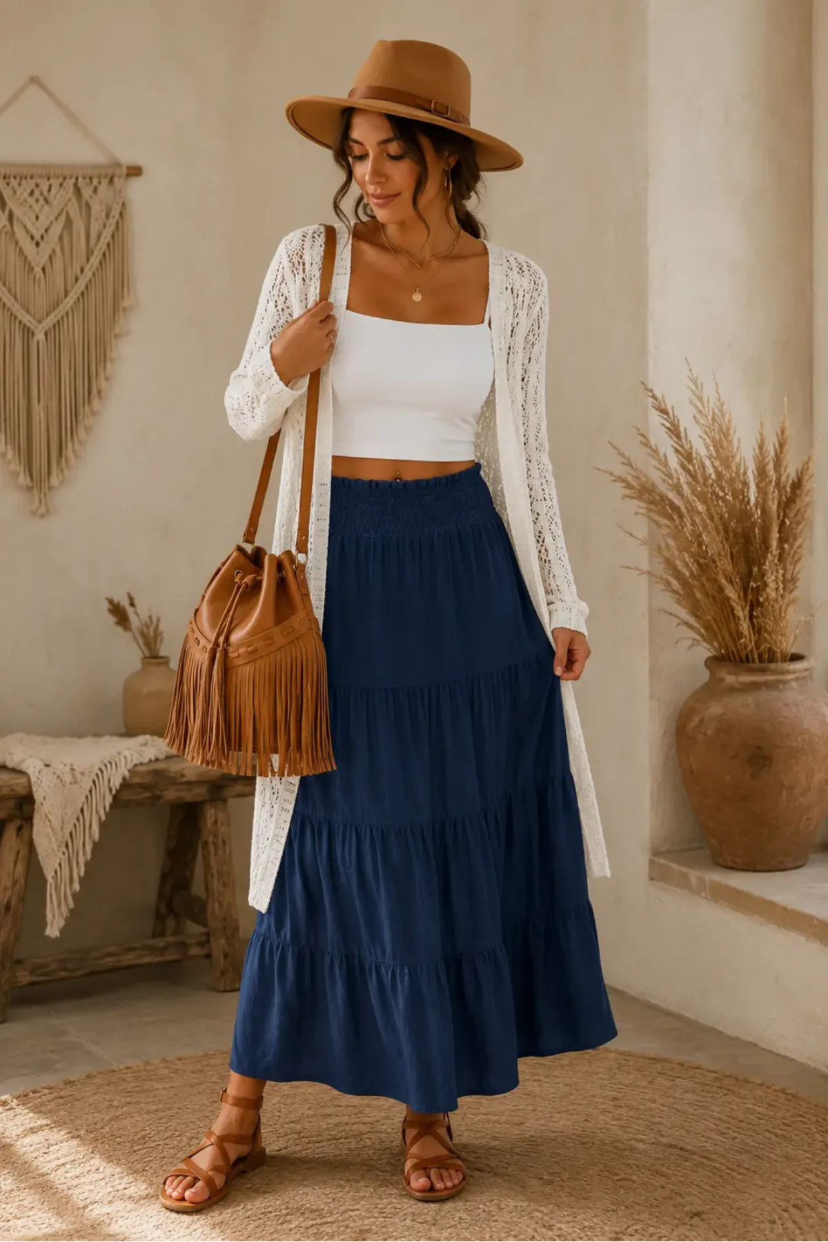 Amazon | Complete Outfit | Women's Boho Summer Look – White Crop Tank, Navy Maxi Skirt, Cardigan & Brown Accessories