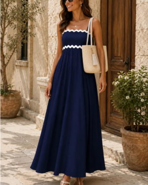 Amazon | Complete Outfit | Women's Navy Blue Sleeveless Summer Beach Maxi Dress with Woven Tote & Sandals