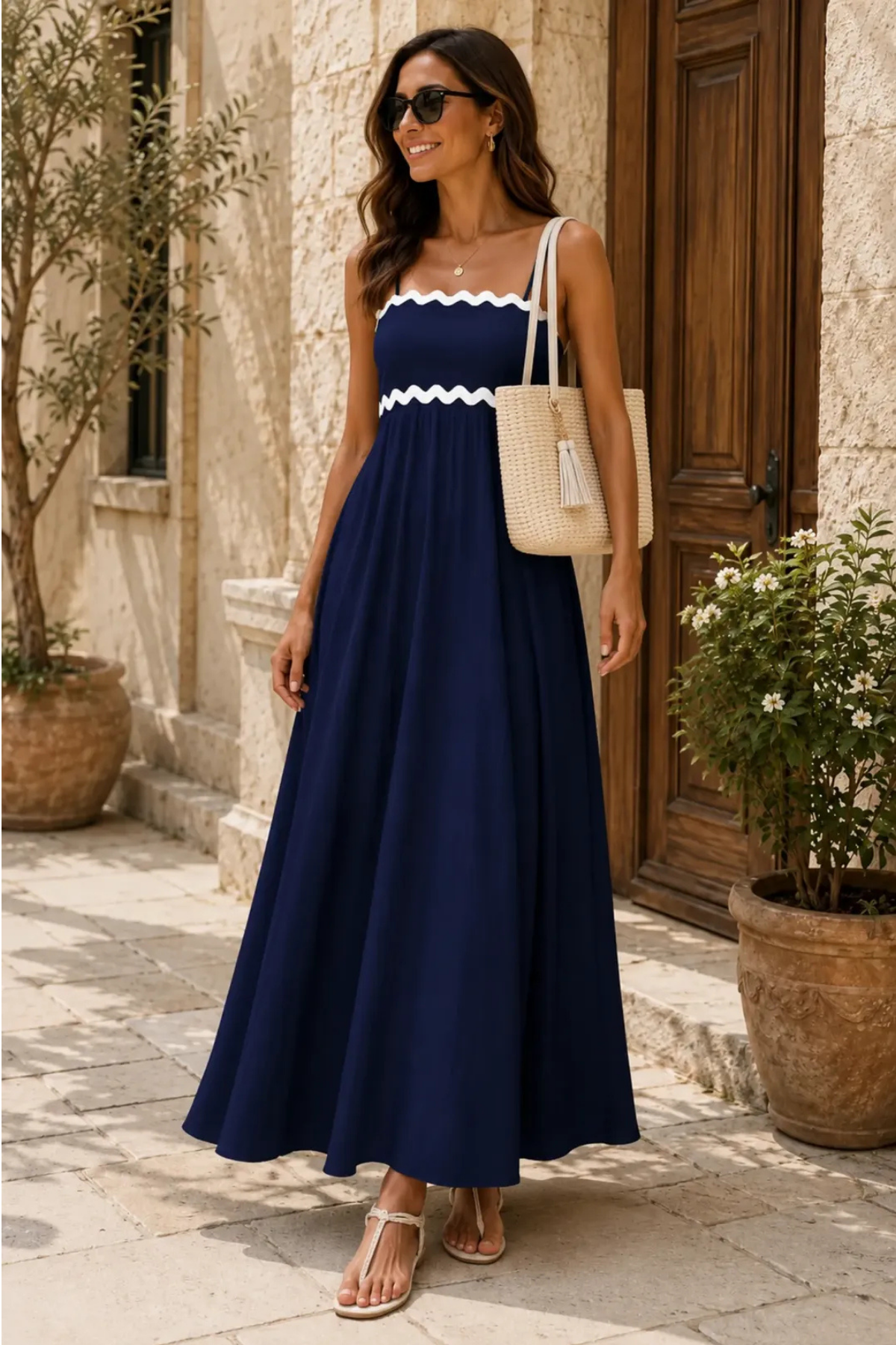 Amazon | Complete Outfit | Women's Navy Blue Sleeveless Summer Beach Maxi Dress with Woven Tote & Sandals