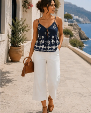 Amazon | Complete Outfit | Women's Mediterranean Summer Look – Embroidered Cami Top, White Cropped Wide Leg Pants & Brown Accessories