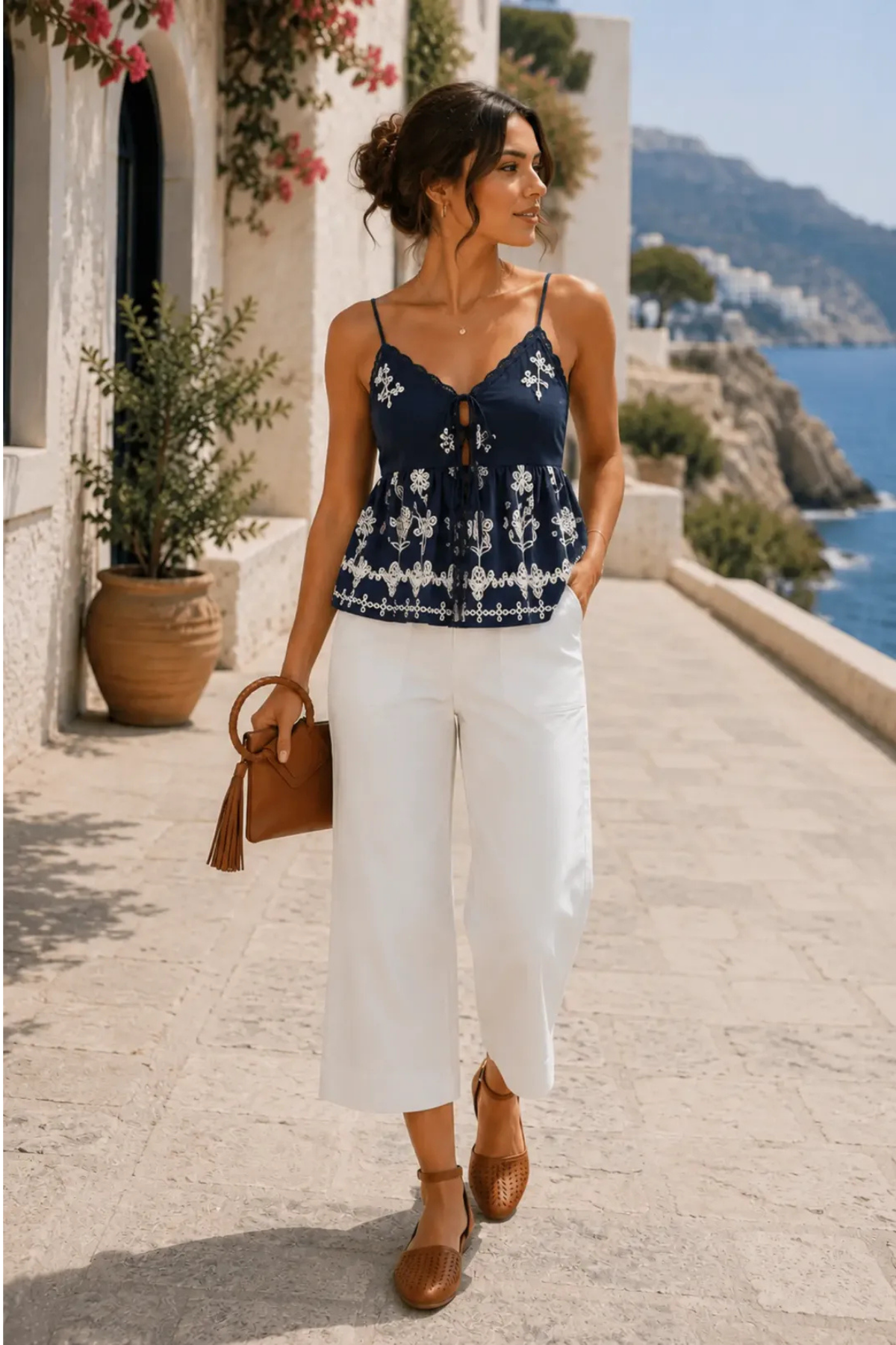 Amazon | Complete Outfit | Women's Mediterranean Summer Look – Embroidered Cami Top, White Cropped Wide Leg Pants & Brown Accessories