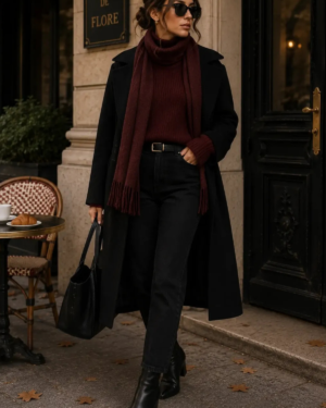 SHEIN | Complete Outfit | Fall Look - Black Long Coat, Burgundy Sweater, Scarf, Black Jeans, Ankle Boots & Tote Bag