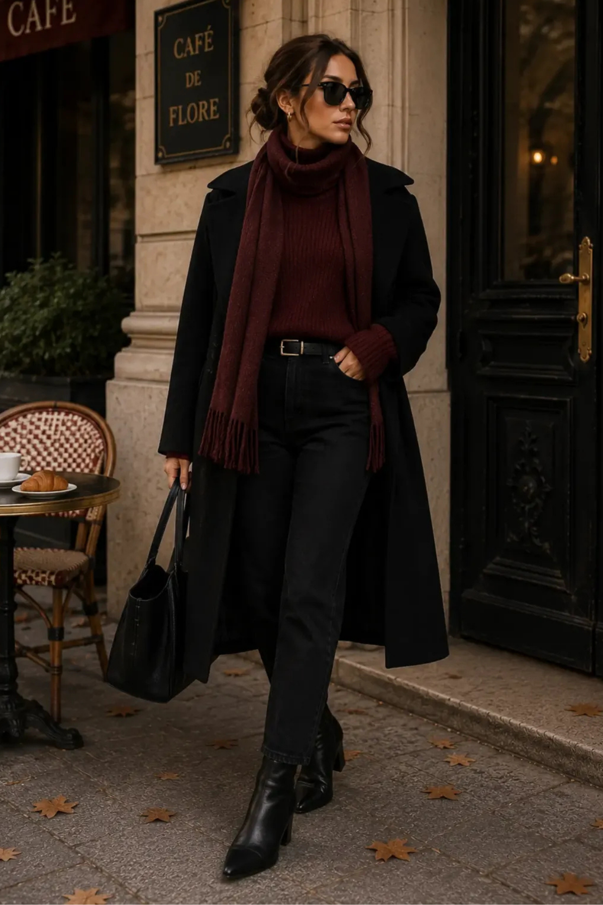 SHEIN | Complete Outfit | Fall Look - Black Long Coat, Burgundy Sweater, Scarf, Black Jeans, Ankle Boots & Tote Bag