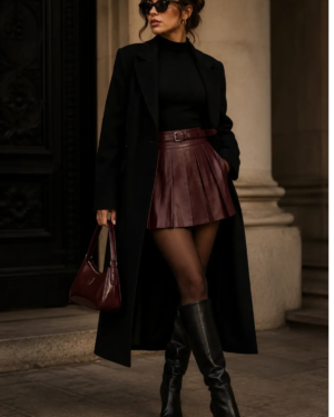 SHEIN | Complete Outfit | Chic Fall Look - Black Long Coat, Black Mock Neck Top, Burgundy Pleated Faux Leather Mini Skirt, Burgundy Shoulder Bag & Black Knee-High Boots