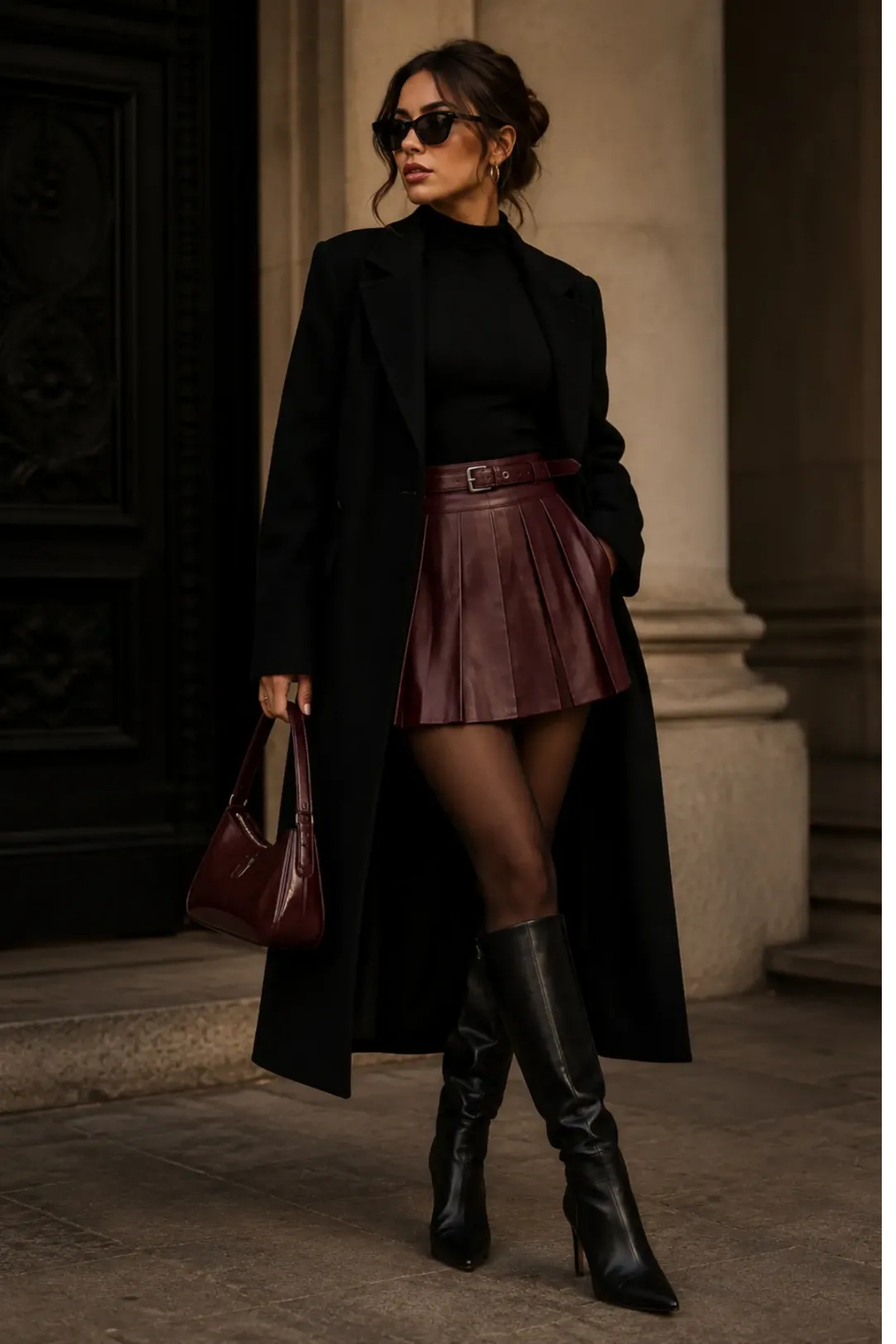 SHEIN | Complete Outfit | Chic Fall Look - Black Long Coat, Black Mock Neck Top, Burgundy Pleated Faux Leather Mini Skirt, Burgundy Shoulder Bag & Black Knee-High Boots