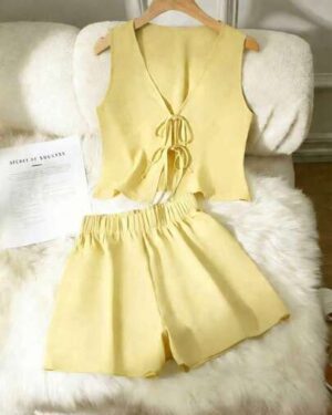 2pcs/Set Solid Color Casual Knotted Women Outfit, Spring/Summer Elegant