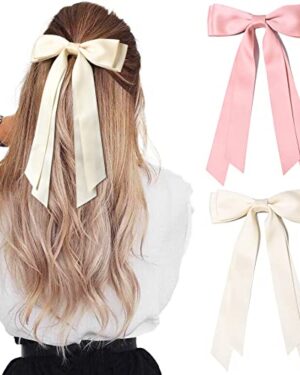 2PCS Silky Satin Hair Bows Hair Clip Beige Pink Hair Ribbon Ponytail Holder Accessories Slides Metal Clips Hair Bow for Women Girls Toddlers Teens Kids