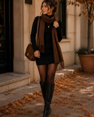 SHEIN | Complete Outfit | Black Sweater Dress, Knee-High Boots, Brown Scarf & Crossbody Bag