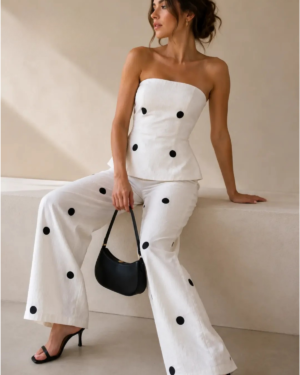 SHEIN | Complete Outfit | Elegant White Polka Dot Set – Strapless Top, Wide Leg Pants & Black Heels