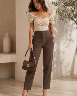 SHEIN | Complete Outfit | Elegant off Shoulder Ivory Wrap Top, Brown Tailored Pants, Heels & Handbag