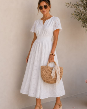 Amazon | Complete Outfit | Coastal Chic White Midi Dress & Straw Bag