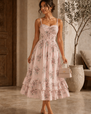 Amazon | Complete Outfit | Romantic Floral Midi Blush Pink Sundress, Mini Handbag & Flat Sandals