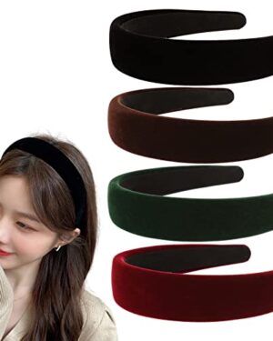 4Pcs Black Velvet Headband for Women Girls Wide Hairbands Pack Non Slip Thick Headband Set Adult Red Brown Green Padded Hair Band Fashion Soft Headbands for Long Short Thin Curly Hair Christmas Gift