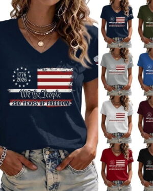 4th of July V Neck Shirts for Women Casual American Flag USA Graphic Patriotic T-Shirt Memorial Tops Party Tee