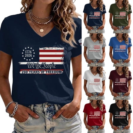 4th of July V Neck Shirts for Women Casual American Flag USA Graphic Patriotic T-Shirt Memorial Tops Party Tee