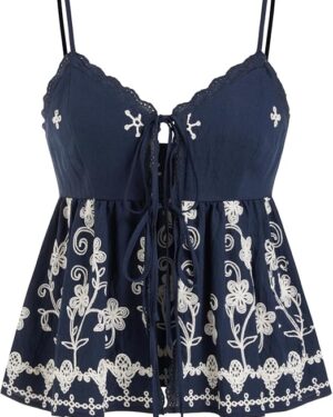 Amazon | Women's Embroidered Babydoll Cami Top – Lace Trim Floral Boho Summer Tank Top