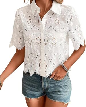 Amazon | Women's Short Sleeve Button Down Collared Blouses Embroidery Eyelet Top