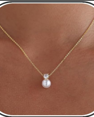 Amazon | 14k Gold Plated Dainty Pearl Diamond Pendant Necklace