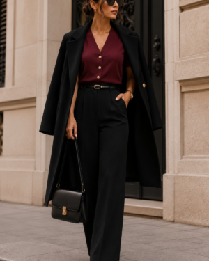 Amazon | Complete Outfit | Elegant Business Casual Office Look - Burgundy Blouse, Black Wide Leg Pants, Long Coat, Pumps, Handbag & Belt