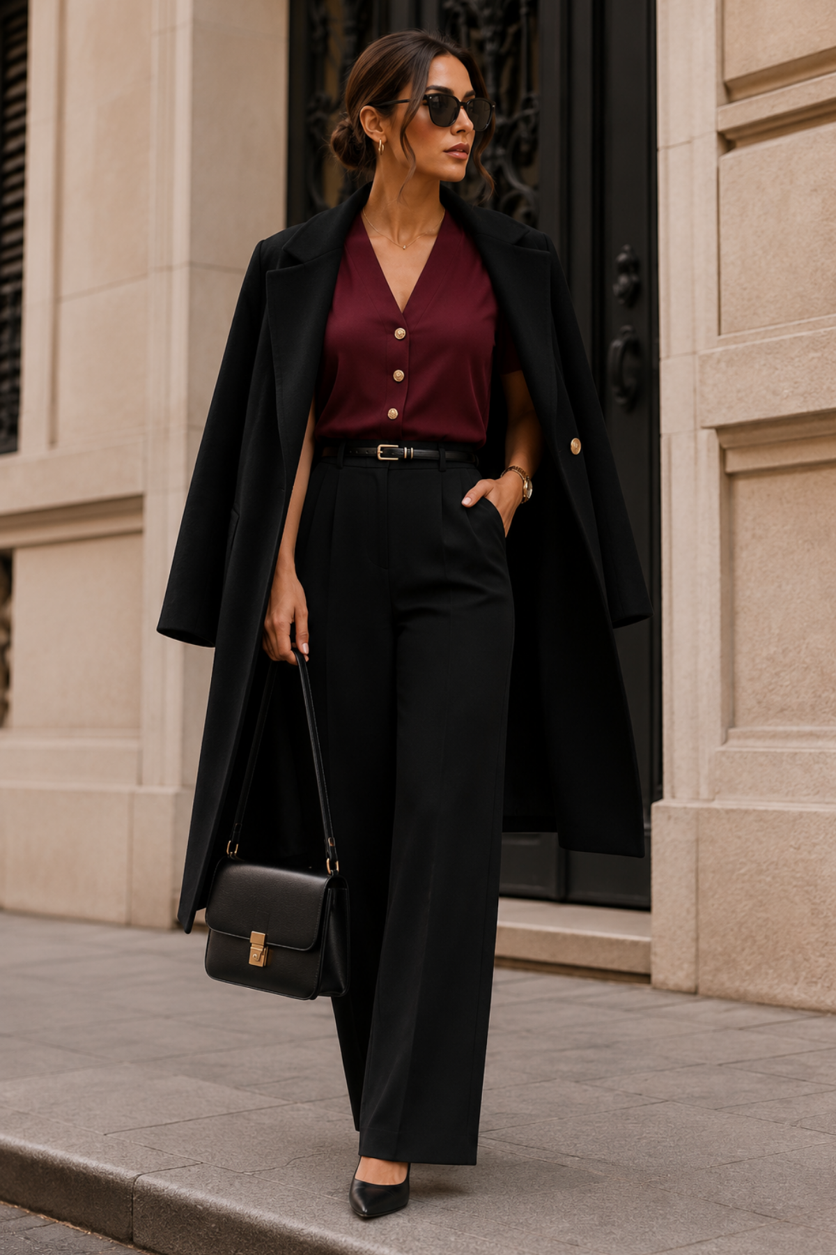 Amazon | Complete Outfit | Elegant Business Casual Office Look - Burgundy Blouse, Black Wide Leg Pants, Long Coat, Pumps, Handbag & Belt