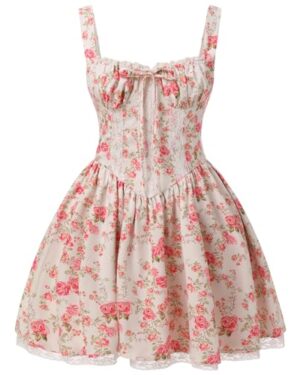 ABEHIK Women Summer Dresses Floral Mini Boho Corset Dress Sexy Spaghetti Straps Low Cut Lace Short Bustier Dress Ruffle Flowy Going Out Wedding Guest Party A Line Casual Sundress Red S