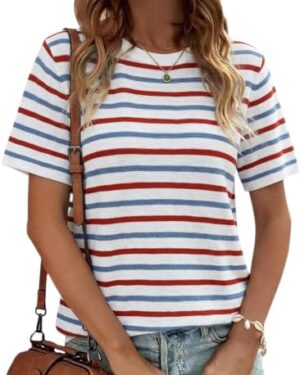 Allimy Women's Short Sleeve Sweater Tops Color Block Striped Shirts Blouse Casual Fashion Clothing Business Casual Tops for Women Trendy 2026 Plus Size Summer Tshirts Red White and Blue Large