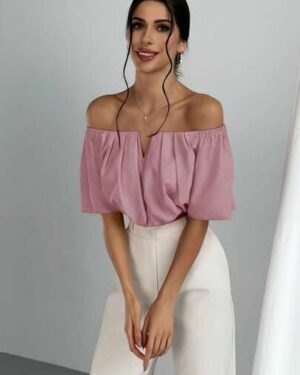 Aloruh Women's Elegant Elegant Vacation Style Simple Solid Color Off Shoulder V Bar Fold Pleated Crop Top, Summer