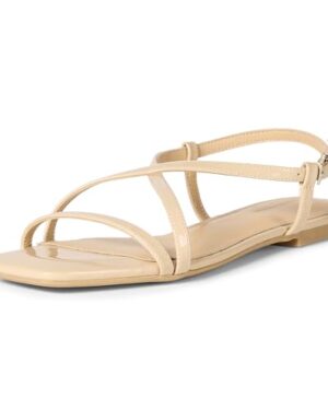 Amazon Essentials Women's Flat Strap Sandals with Memory Foam, Beige Patent, 9