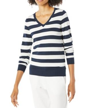 Amazon | Women's Lightweight Long-Sleeve V-Neck Sweater, Navy White Rugby Stripe