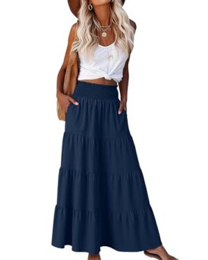 ANRABESS Womens Maxi Skirts, Elastic High Waist A-Line Tiered, Long Flowy Boho Skirts, Summer Casual Beach & Vacation Wear Navy Blue M