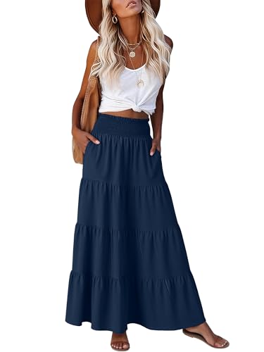 ANRABESS Womens Maxi Skirts, Elastic High Waist A-Line Tiered, Long Flowy Boho Skirts, Summer Casual Beach & Vacation Wear Navy Blue M