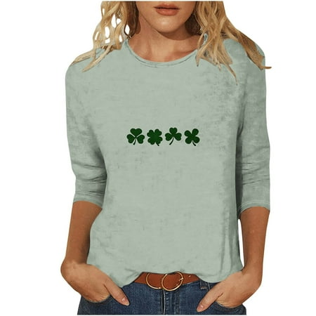 Aofany St Patrick's Day Crewneck Shirts for Women Shamrock Graphic Tee 3/4 Sleeve St Patrick's Day Tee Shirts Tops