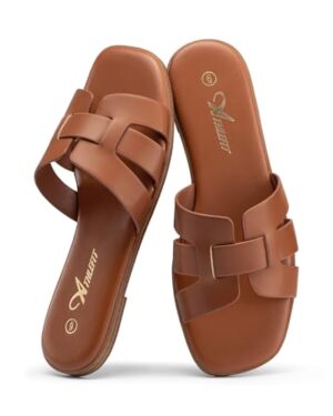 Amazon | Women's Brown Double Strap Slide Sandals – Casual Flat Summer Slip-On Sandals
