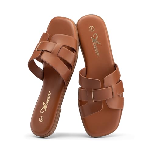 Athlefit Brown Sandals Women Dressy Summer Flat Sandals Square Open Toe Slip On Leather Slide Sandals Size 7