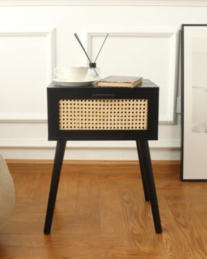 Amazon |  Mid Century Modern Nightstand, Rattan Side Table with Drawer, Black Bedside Table with Storage