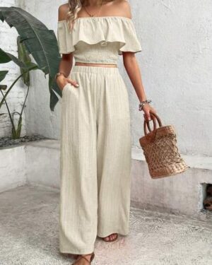 Breezaya Women Apricot Summer Boho Holiday Vacation Holiday French Textured Off-Shoulder Two-Piece Set,Ruffle Crop Top+High Waist Wide Leg Pants Outfit Beach