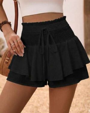 Breezaya Women's Black Wavy Textured Fabric Waist Tie Ruffle Hem Asymmetrical Double Layer Casual Shorts, Suitable For Holiday, Beach Vacation, Spring Summer