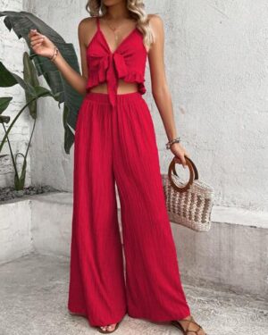 Breezaya Women's Fashionable Solid Color Camisole Top And Long Pants Set For New Year Clothes