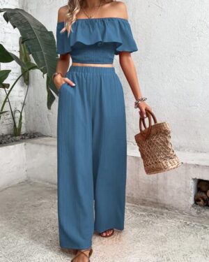 Breezaya Women's Off-Shoulder Ruffle Trim Top And Wide Leg Pants Two Piece Set
