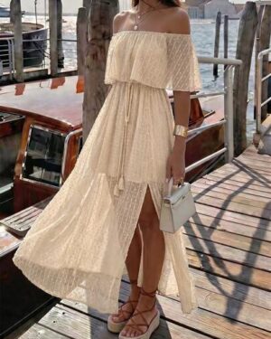 Breezaya Women's Off Shoulder Swiss Polka Dot High Slit Dress Maxi Vacation Beach Outfit