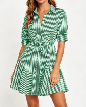 BRGZLK Womens Striped Mini Dress Summer Trendy Short Sleeve Casual Collared Button Down A Line Dresses for Daily 2026,Women Gifts Green M