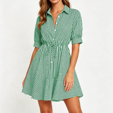 BRGZLK Womens Striped Mini Dress Summer Trendy Short Sleeve Casual Collared Button Down A Line Dresses for Daily 2026,Women Gifts Green M