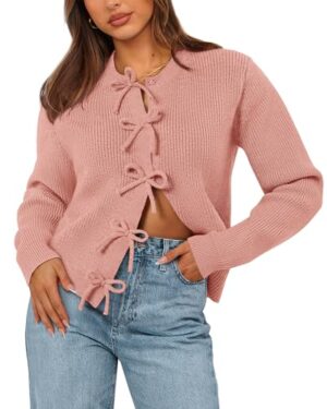 BTFBM Bow Cropped Cardigan Sweaters for Women 2026 Fall Winter Open Front Sweater Long Sleeve Button Fashion Spring Clothes(Pink, Medium)