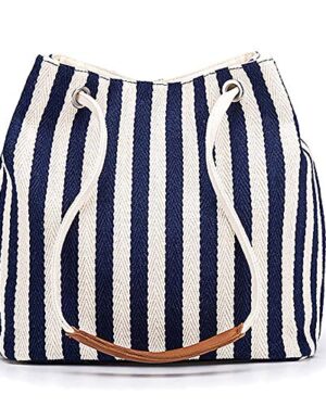 Bydenwely Women's Canvas Summer Tote Bag, Striped Hobo Purse, Small Navy