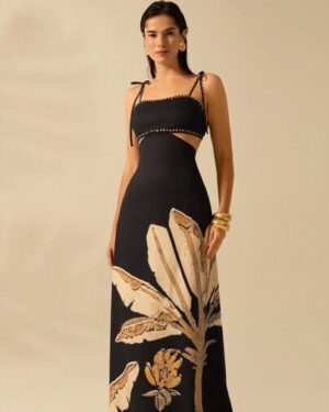CAJUNI Women Boho Banana Tree Print, Hollow Waist Back Binding Sleeveless Black Dress, Holiday Casual Summer Dress