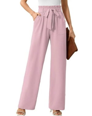 Chiclily Women's Wide Leg Pants with Pockets Pink XL Casual Work Trousers with Removable Belt