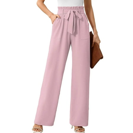 Chiclily Women's Wide Leg Pants with Pockets Pink XL Casual Work Trousers with Removable Belt
